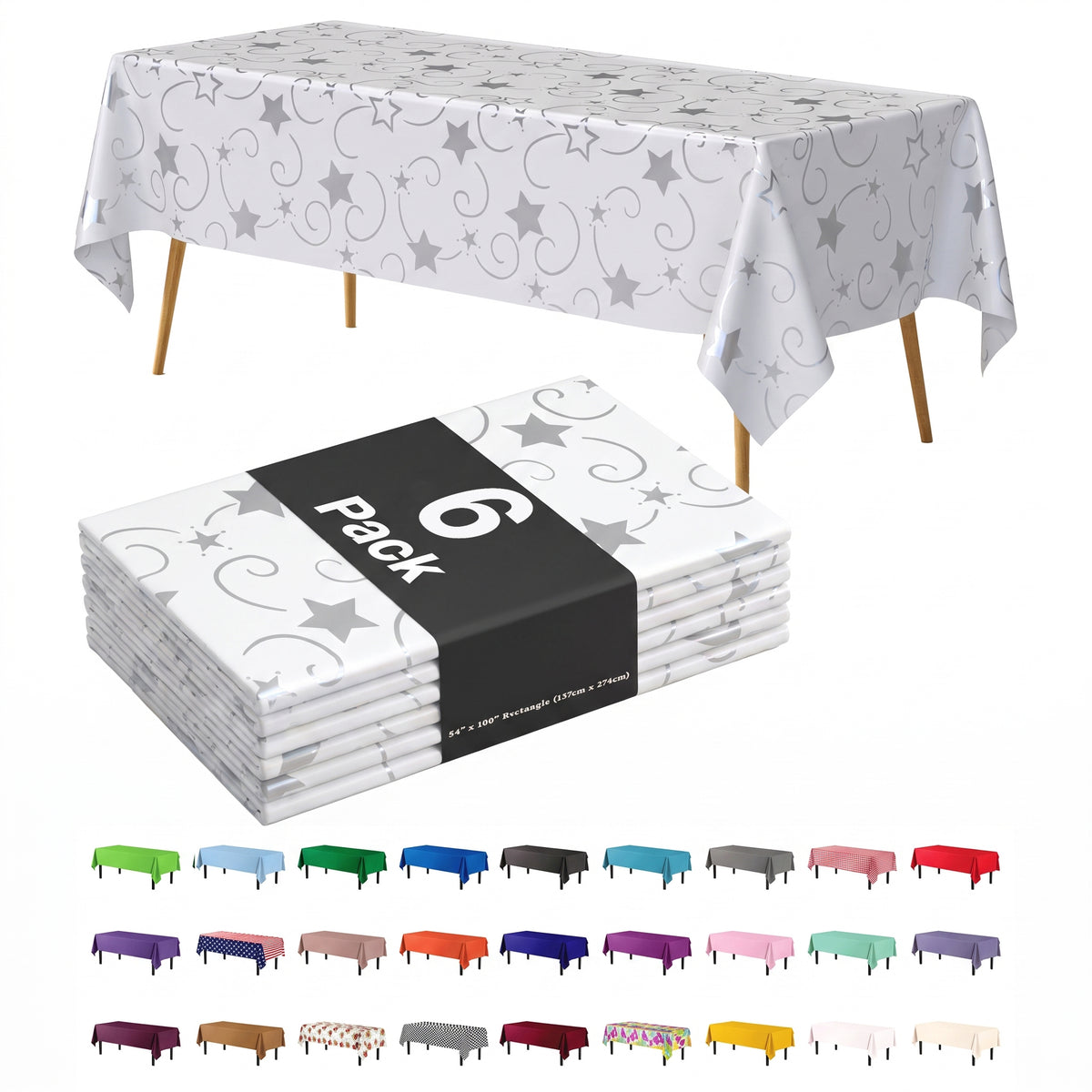 Silver Star Printed Plastic Table Covers | 6 Pack | 54 in. x 108 in.