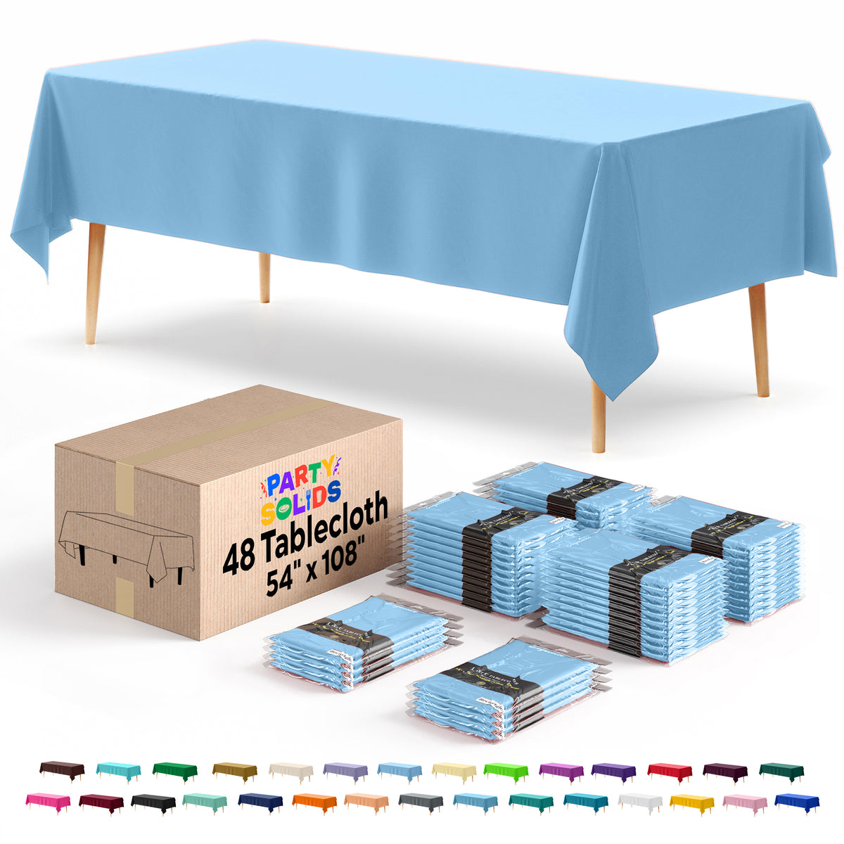 Light Blue Plastic Table Cover | Case of 48 | 54 in. x 108 in.