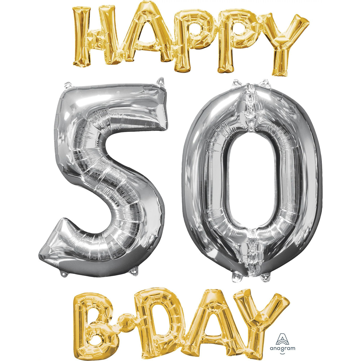 Metallic Gold and Silver "Happy 50 B-Day" Foil Balloon Set