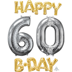 Metallic Gold & Silver "Happy 60th B-Day" Foil Balloon Set