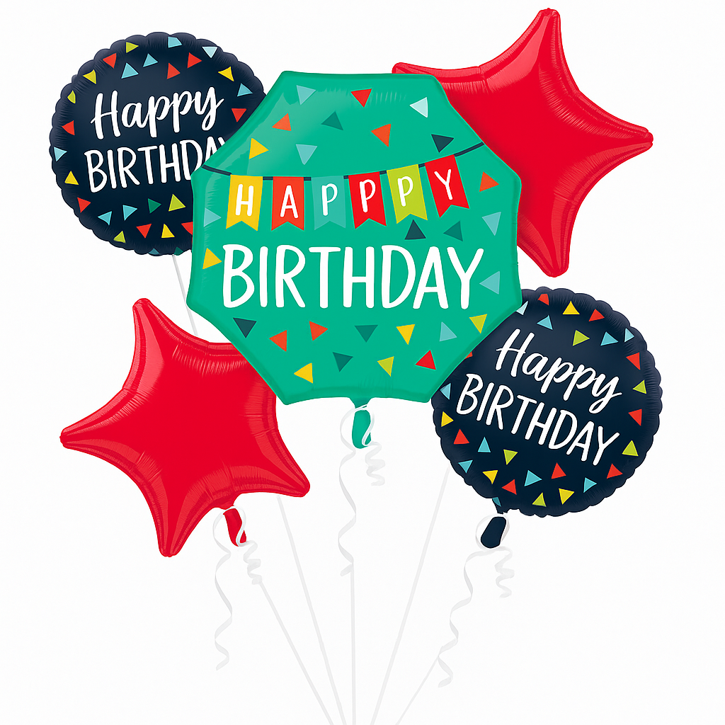 Colorful Happy Birthday Foil Balloon Bouquet - 5 Piece Set