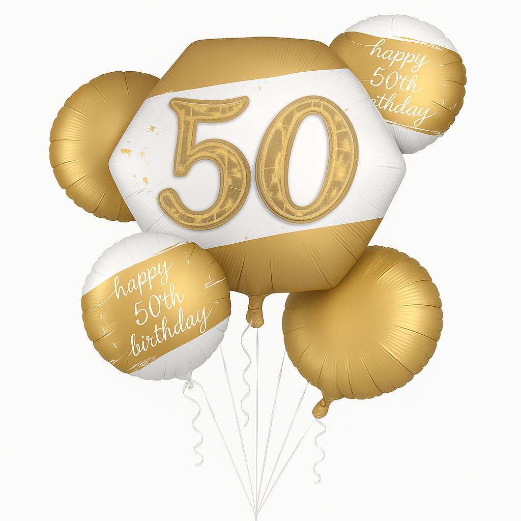 Golden Age 50th Birthday Foil Balloon Bouquet - 5 Piece Set