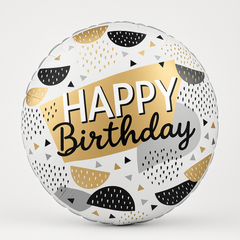 Geometric Black and Gold Happy Birthday Metallic Balloon