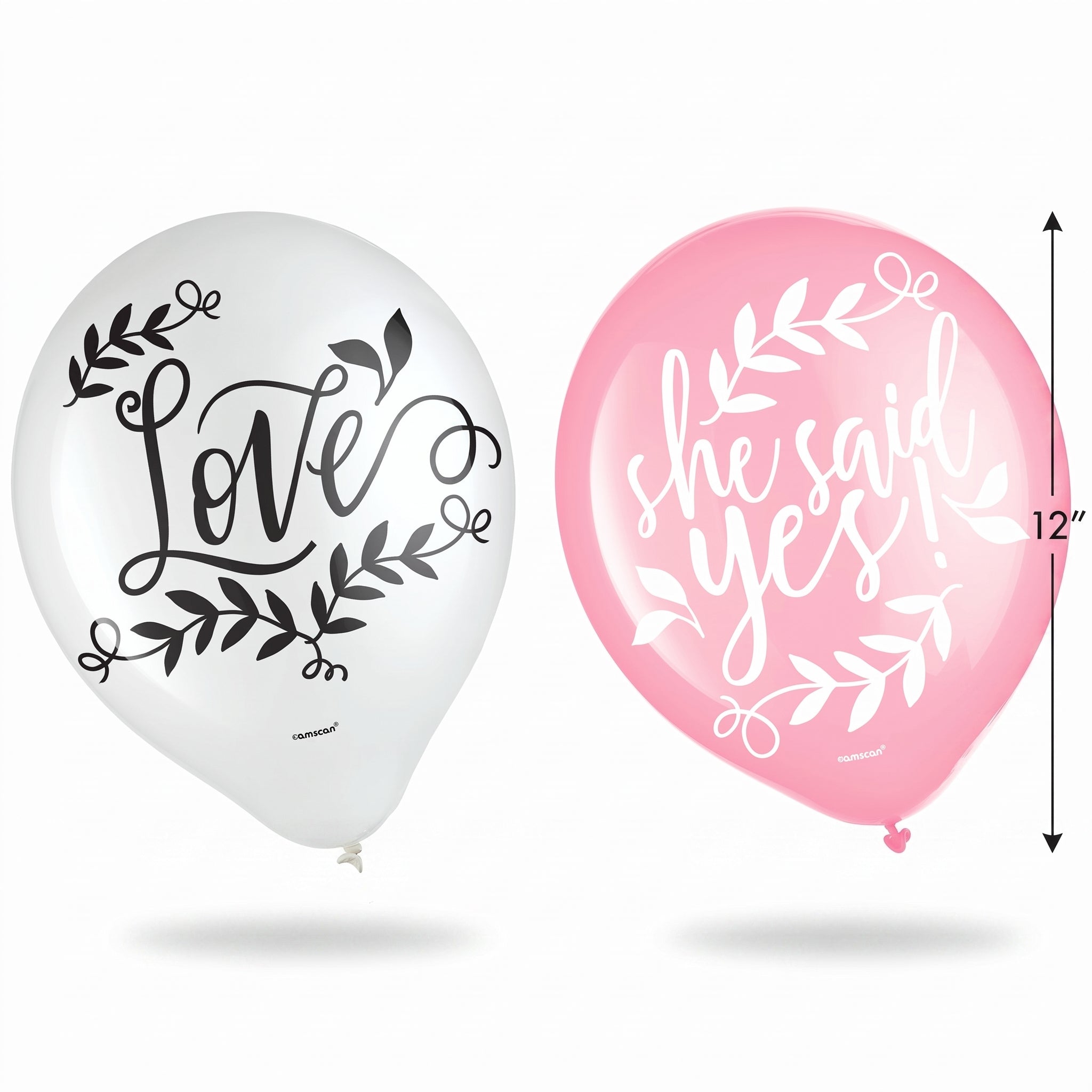 Floral Greenery Wedding Latex Balloons, 12-inch, Pink & White, 15-Pack