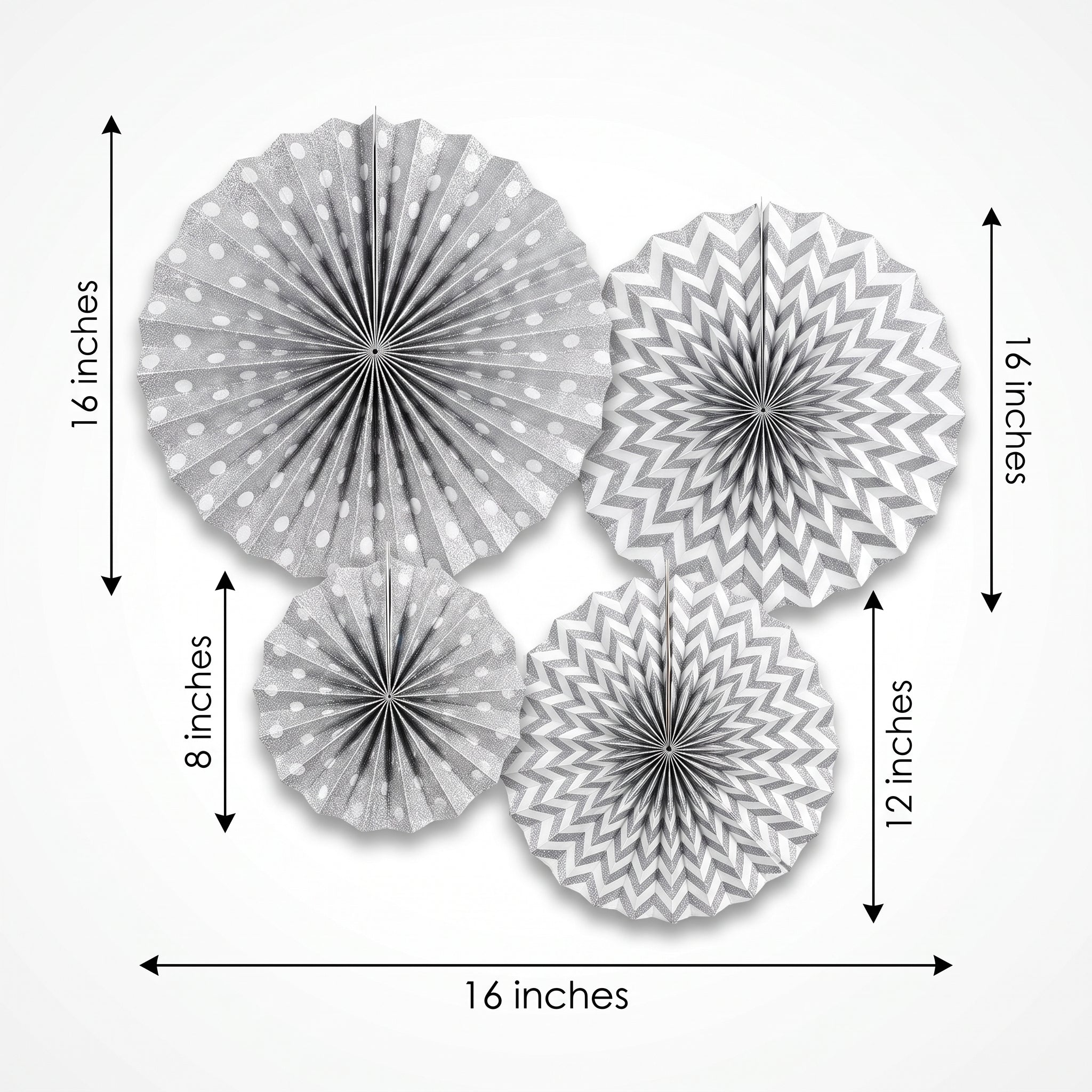 Silver Glitter Paper Fan Decorations - Set of 4