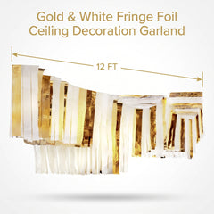 Gold & White Fringe Foil Ceiling Decoration Garland - 12 ft