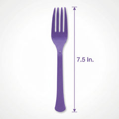 Purple Plastic Forks - Heavyweight Disposable Party Cutlery, 7.5 In. Durable Colored Plastic Silverware for Events, Birthdays, Catering