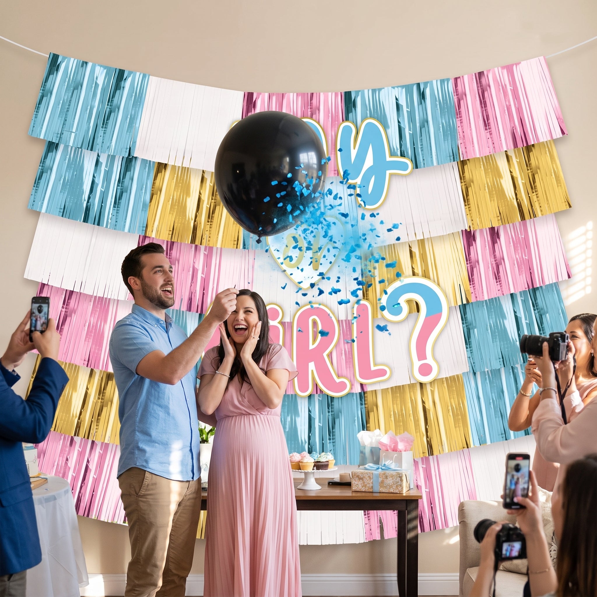 "Boy or Girl?" Deluxe Fringe Backdrop Kit for Gender Reveal
