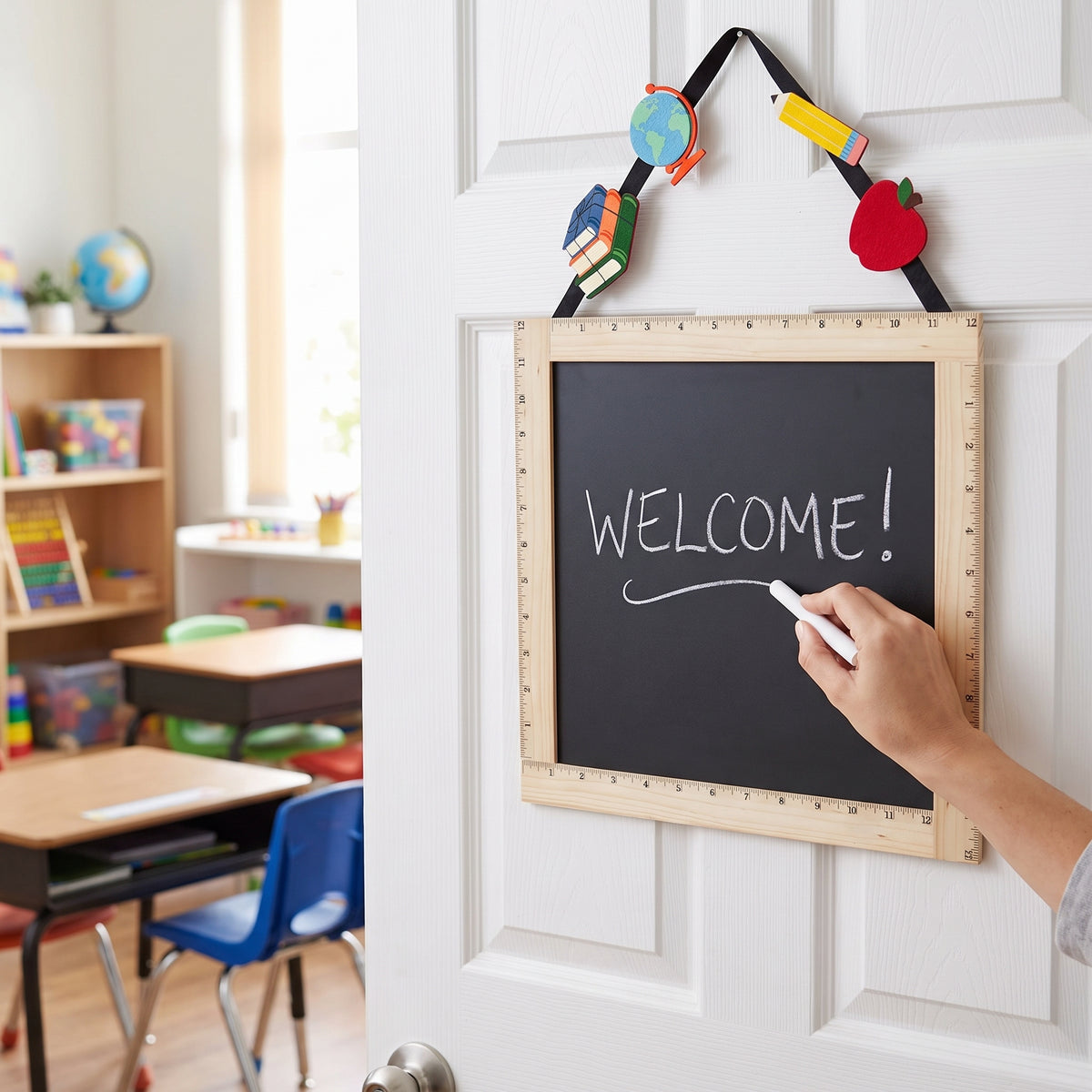 Hanging Ruler Chalkboard Sign with Classroom Icons