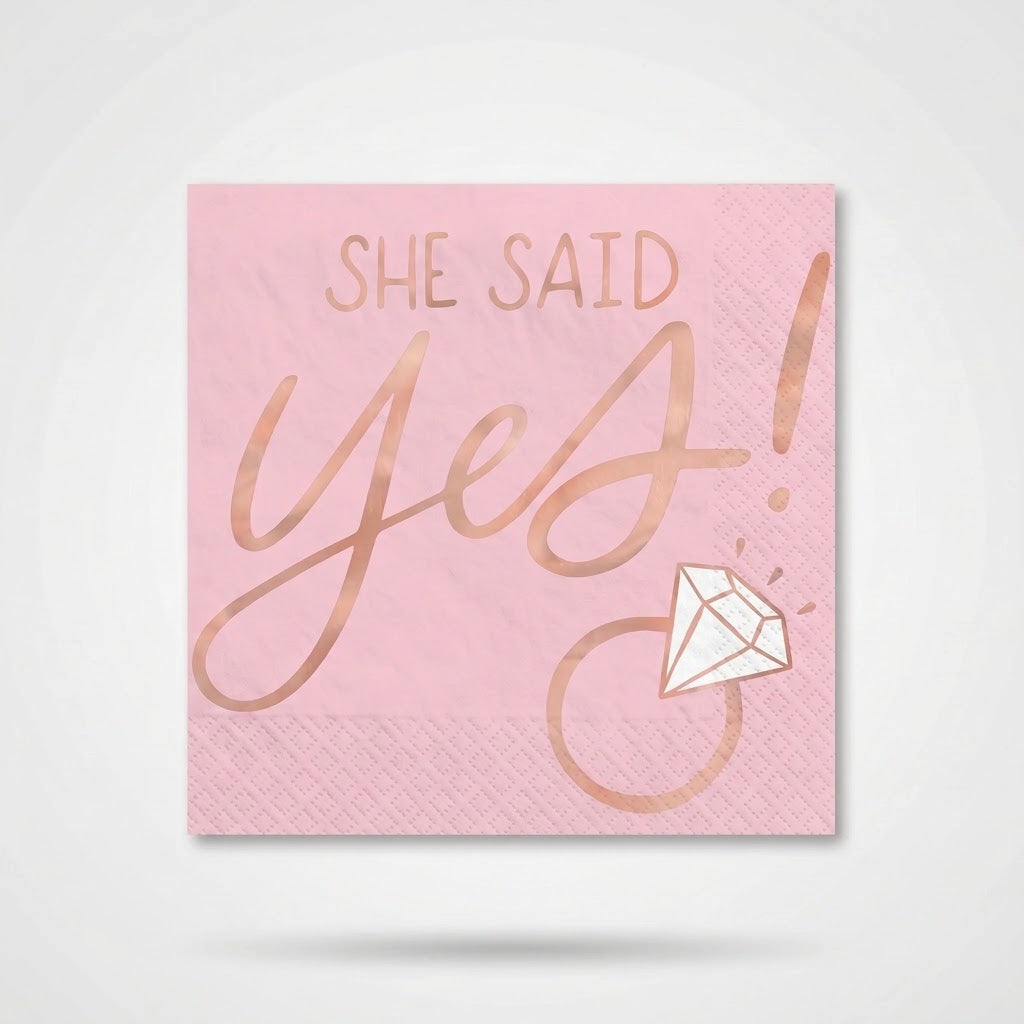 Blush "She Said Yes" Beverage Napkins - Rose Gold, 16-Pack - 5 In. X 5 In.