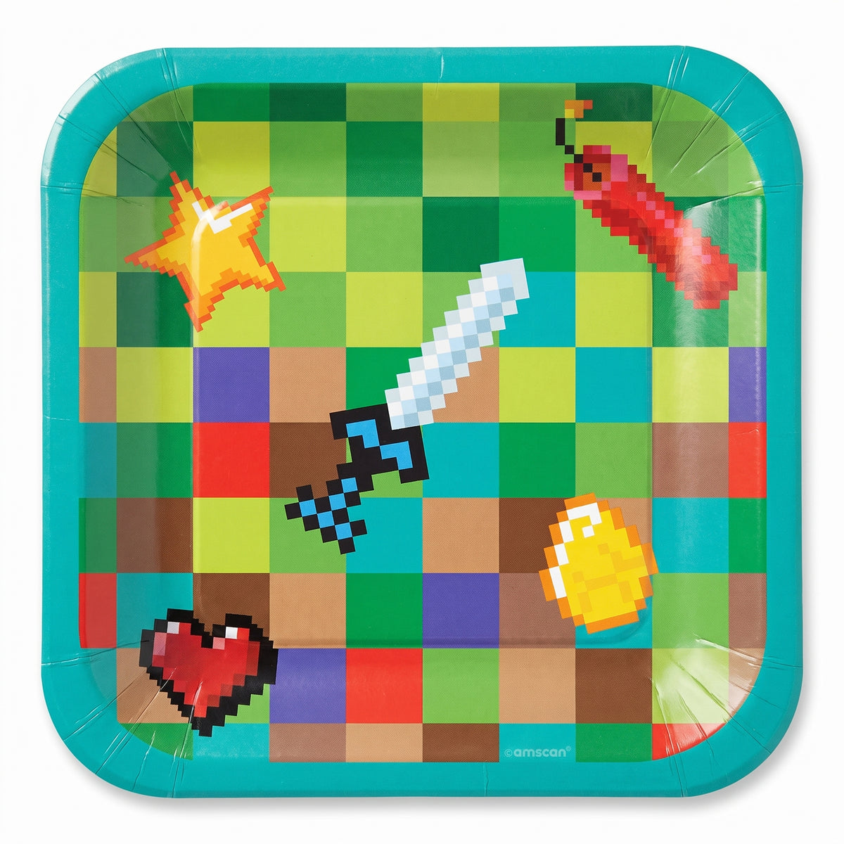 Pixel Party Square Paper Plates - 7" Gamer Design, 8-Pack