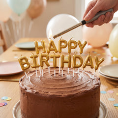 Gold "Happy Birthday" Letter Balloon Candle Picks