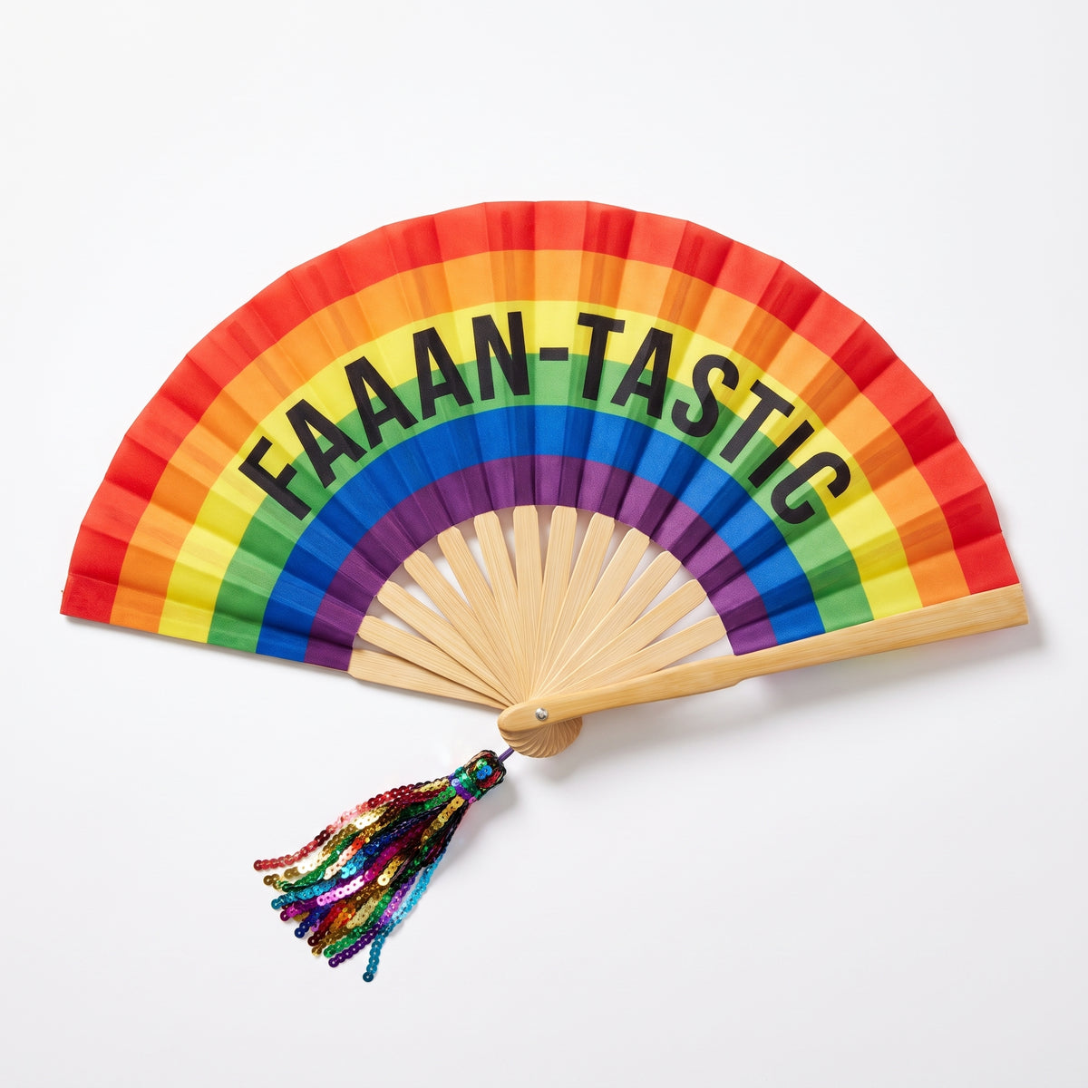 "FAAAN-TASTIC" Pride Rainbow Deluxe Fan with Sequin Tassel