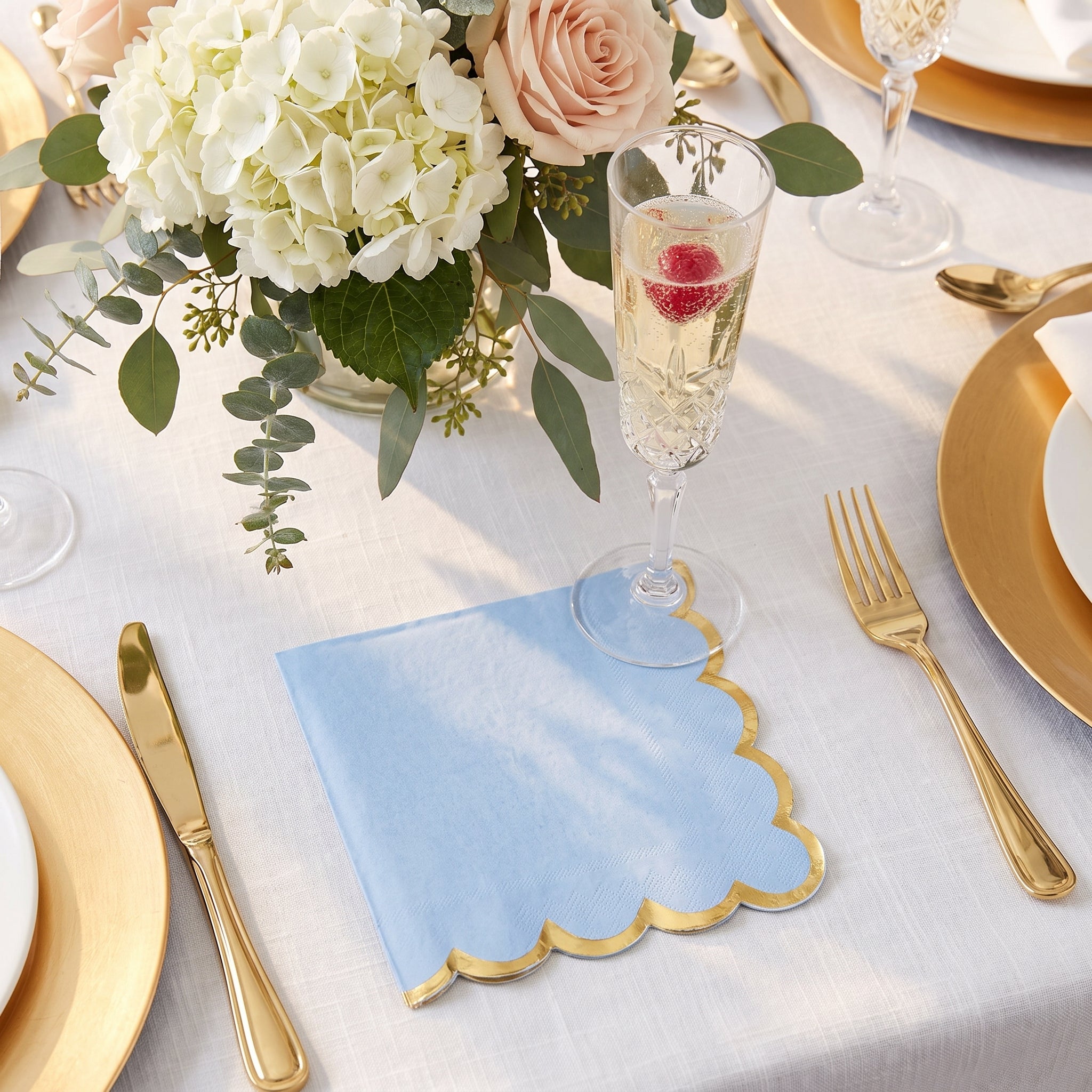 Elegant Blue Luncheon Napkin - 6.5 In. x 6.5 In. with Gold Scalloped Edge
