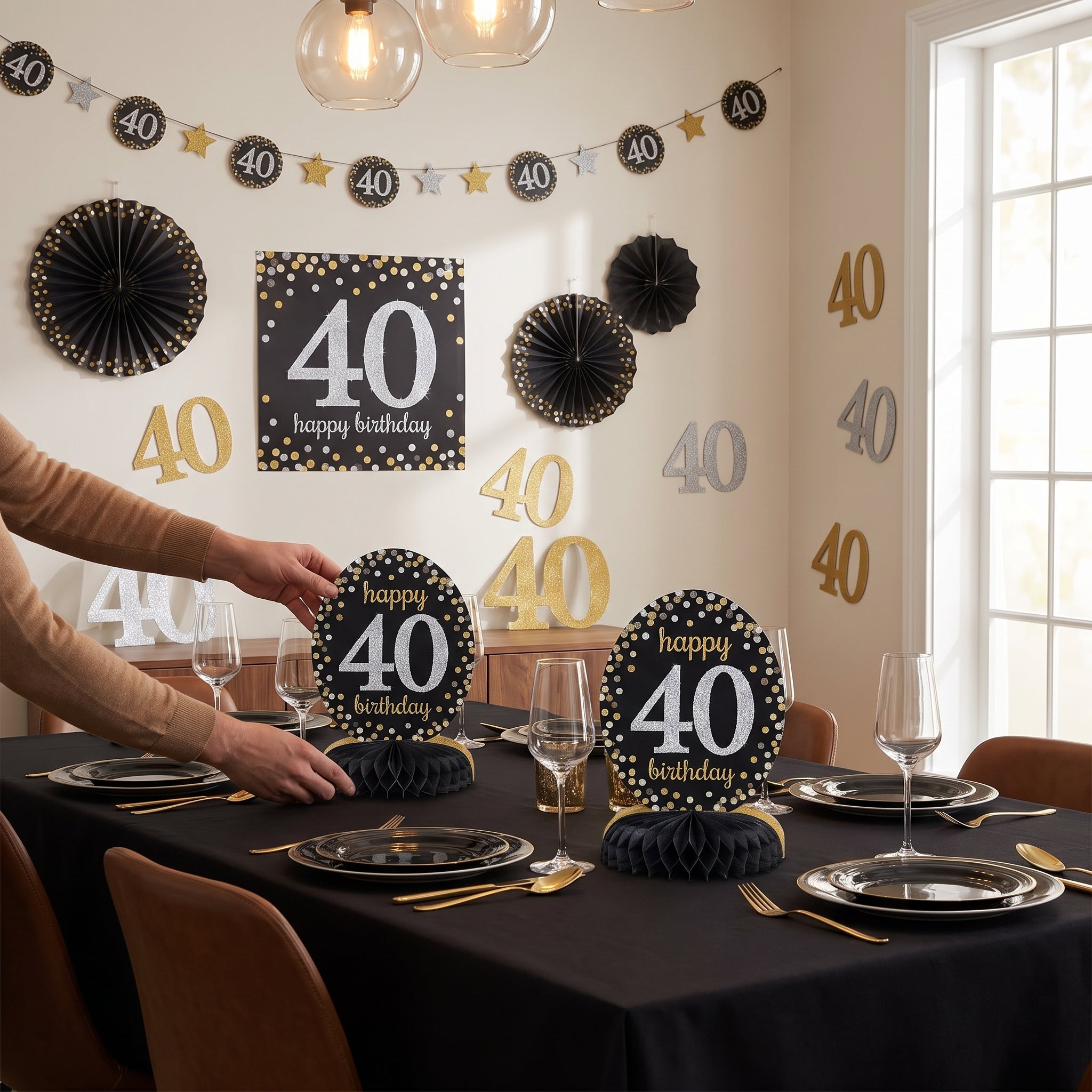 Sparkling Celebration 40th Birthday Room Decorating Kit - Black, Gold & Silver
