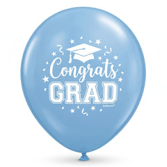 "Congrats Grad" Powder Blue Latex Balloons, 12-Inch, 15-Pack for Graduation