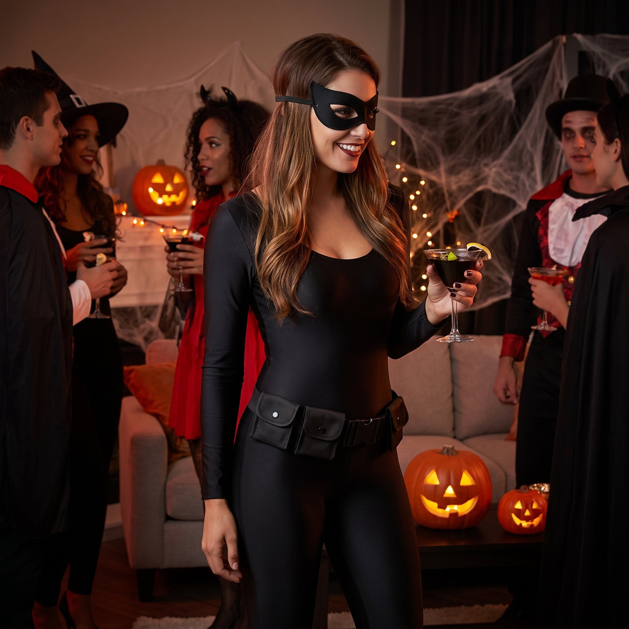 Sleek Black Catsuit Halloween Costume - Adult Size S/M - Adult S/M