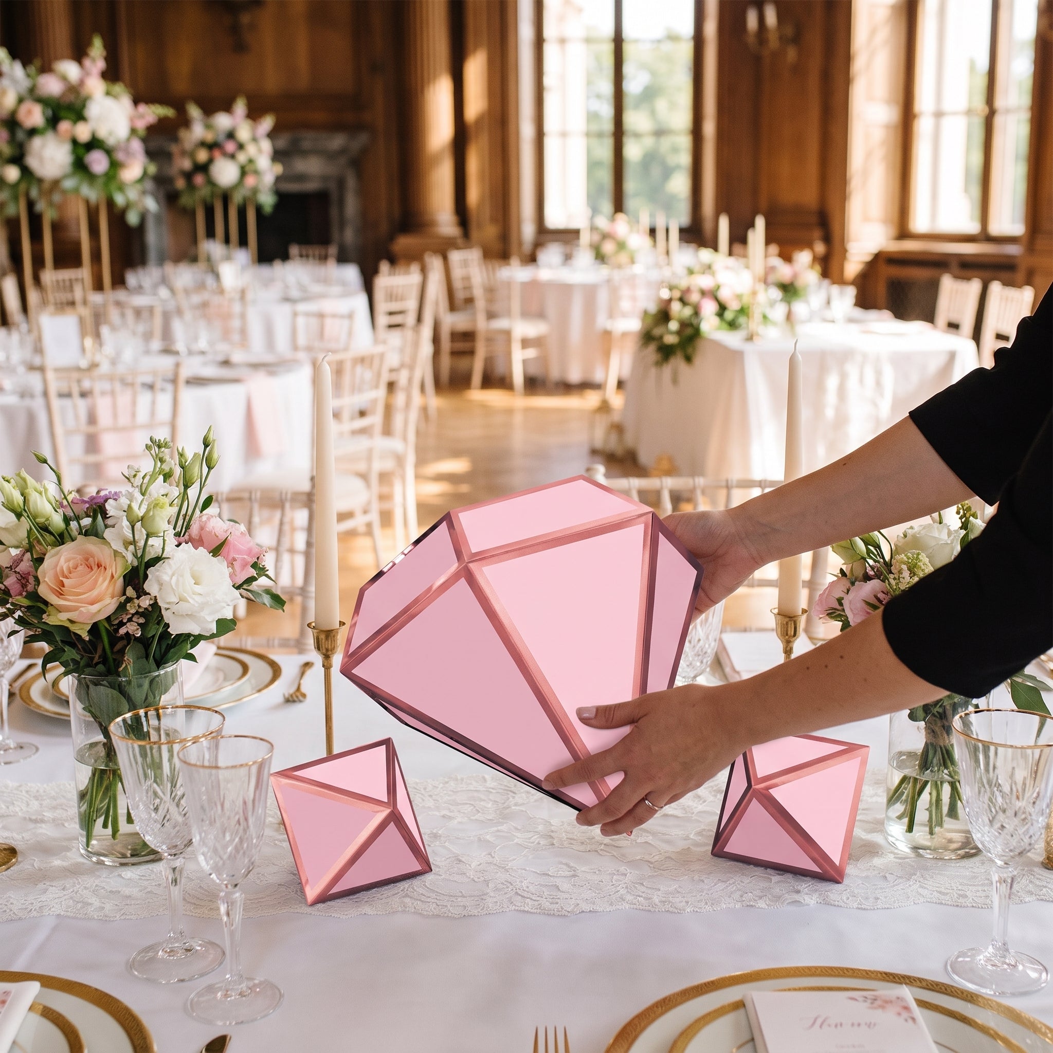 Blush Rose Gold Diamond Table Centerpiece Set, 3D Decorations for Weddings