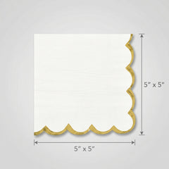 White Scalloped Beverage Napkins with Gold Hot Stamped Edge - 5 In. X 5 In.