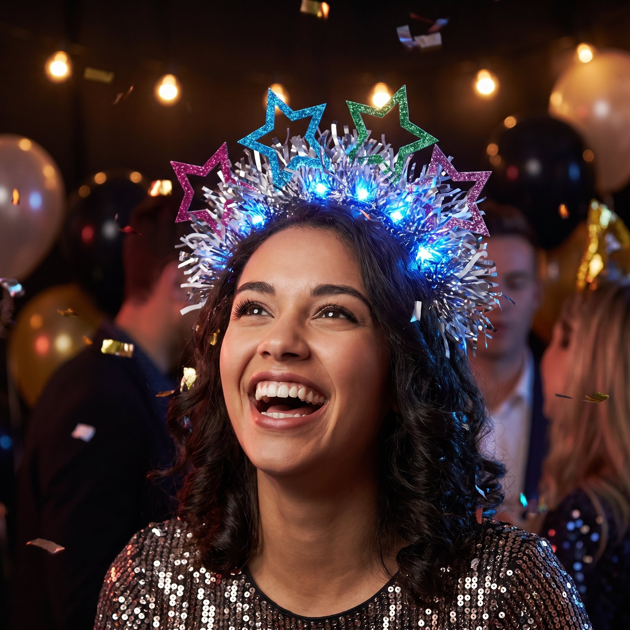 Starlight Light-Up Star Headband with Silver Tinsel for New Year's Eve