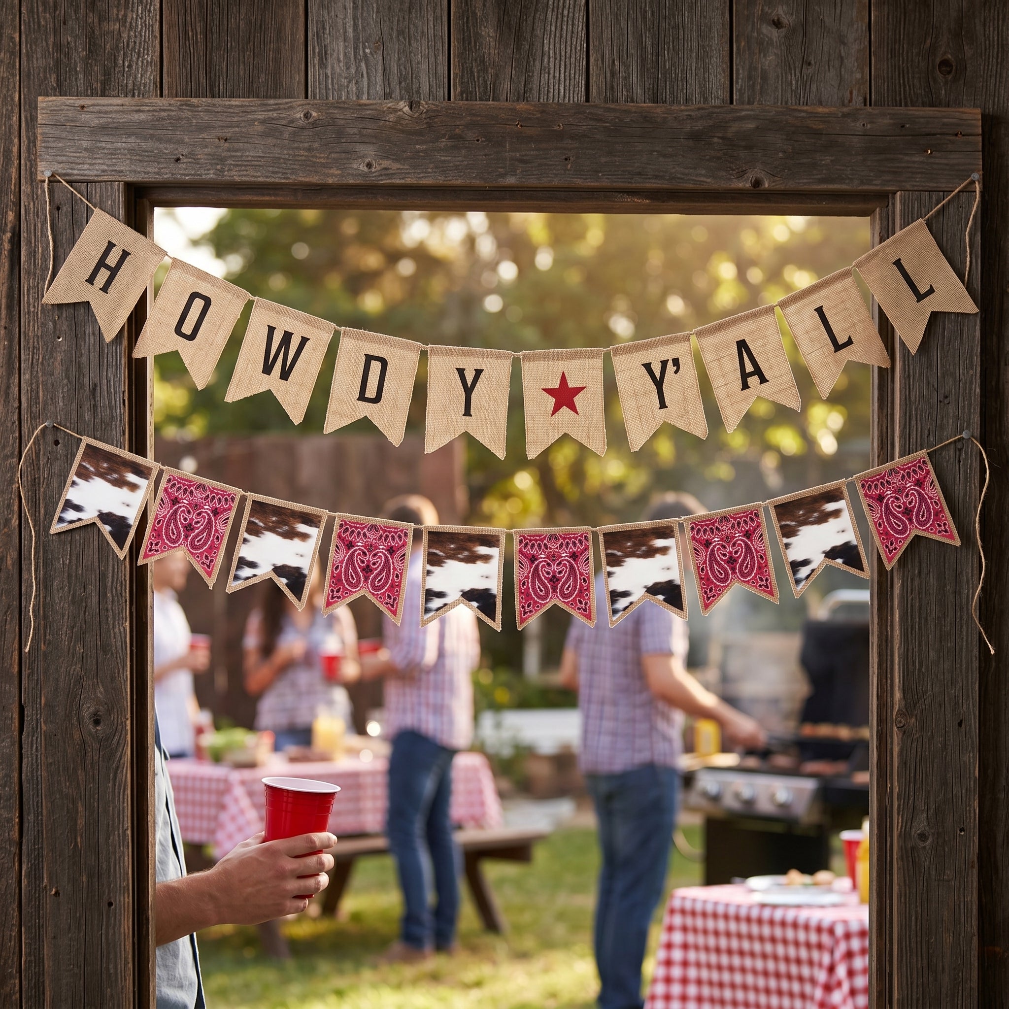 Western Howdy Y'all Banner Set - Reversible Burlap Party Decoration with Cowhide Bandana Garland, Pre-Strung Rustic Cowboy Rodeo Party Decor, 2 Piece, 6 ft