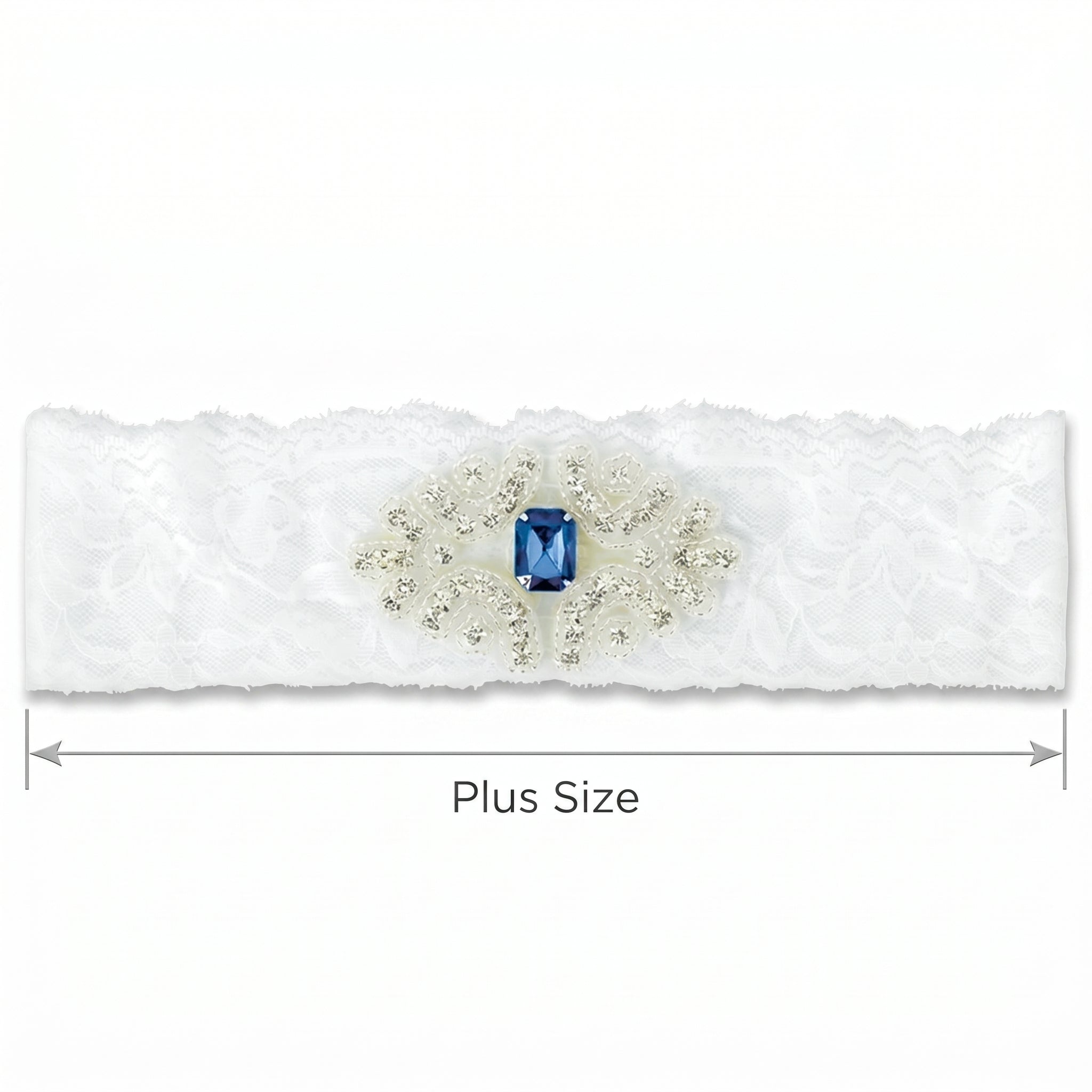 Something Blue Bridal Garter - White Lace Wedding Garter with Sapphire Rhinestone Applique, Plus Size Keepsake Garter for Bride