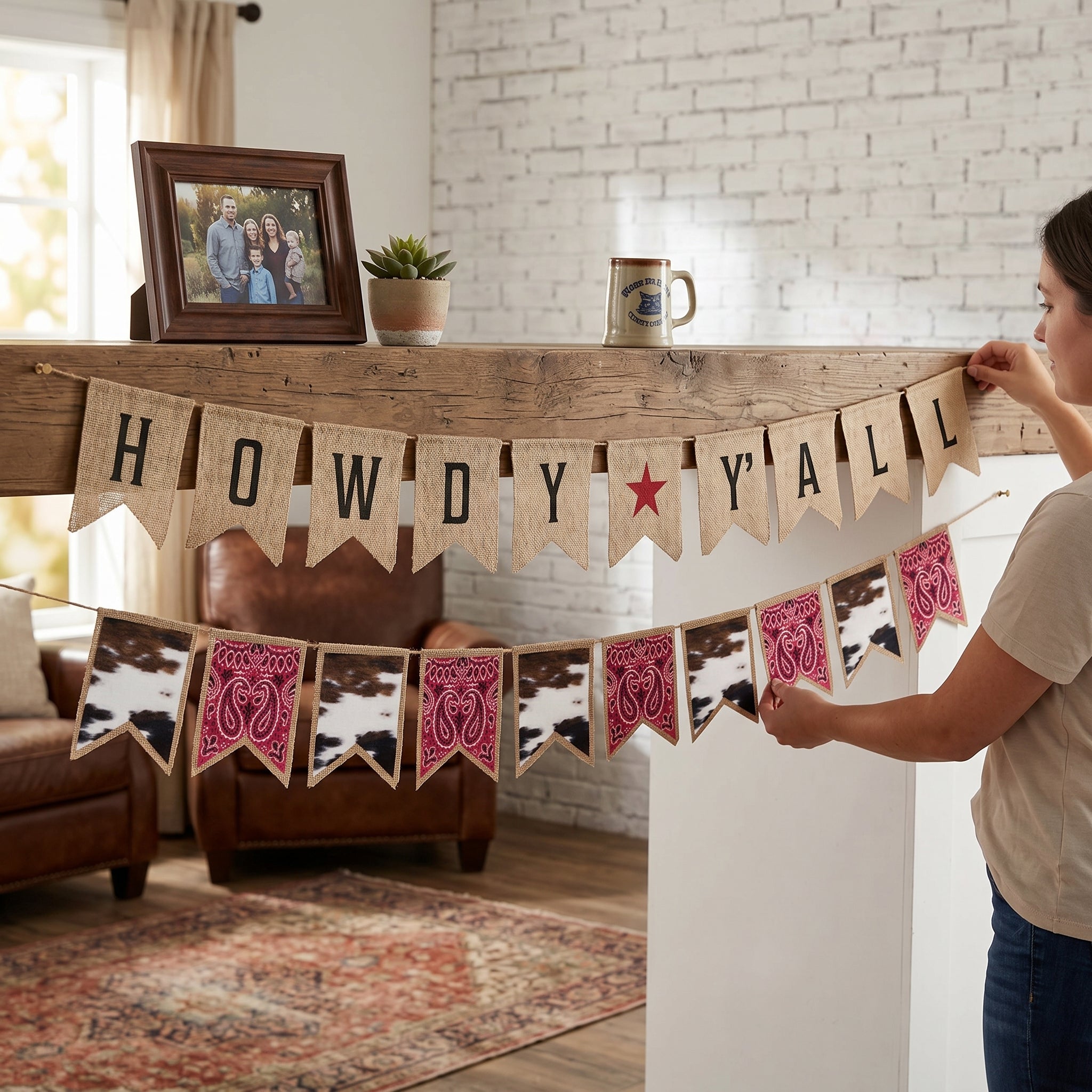 Western Howdy Y'all Banner Set - Reversible Burlap Party Decoration with Cowhide Bandana Garland, Pre-Strung Rustic Cowboy Rodeo Party Decor, 2 Piece, 6 ft