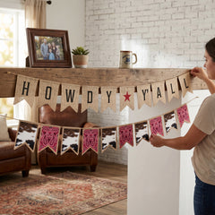 Western Howdy Y'all Banner Set - Reversible Burlap Party Decoration with Cowhide Bandana Garland, Pre-Strung Rustic Cowboy Rodeo Party Decor, 2 Piece, 6 ft