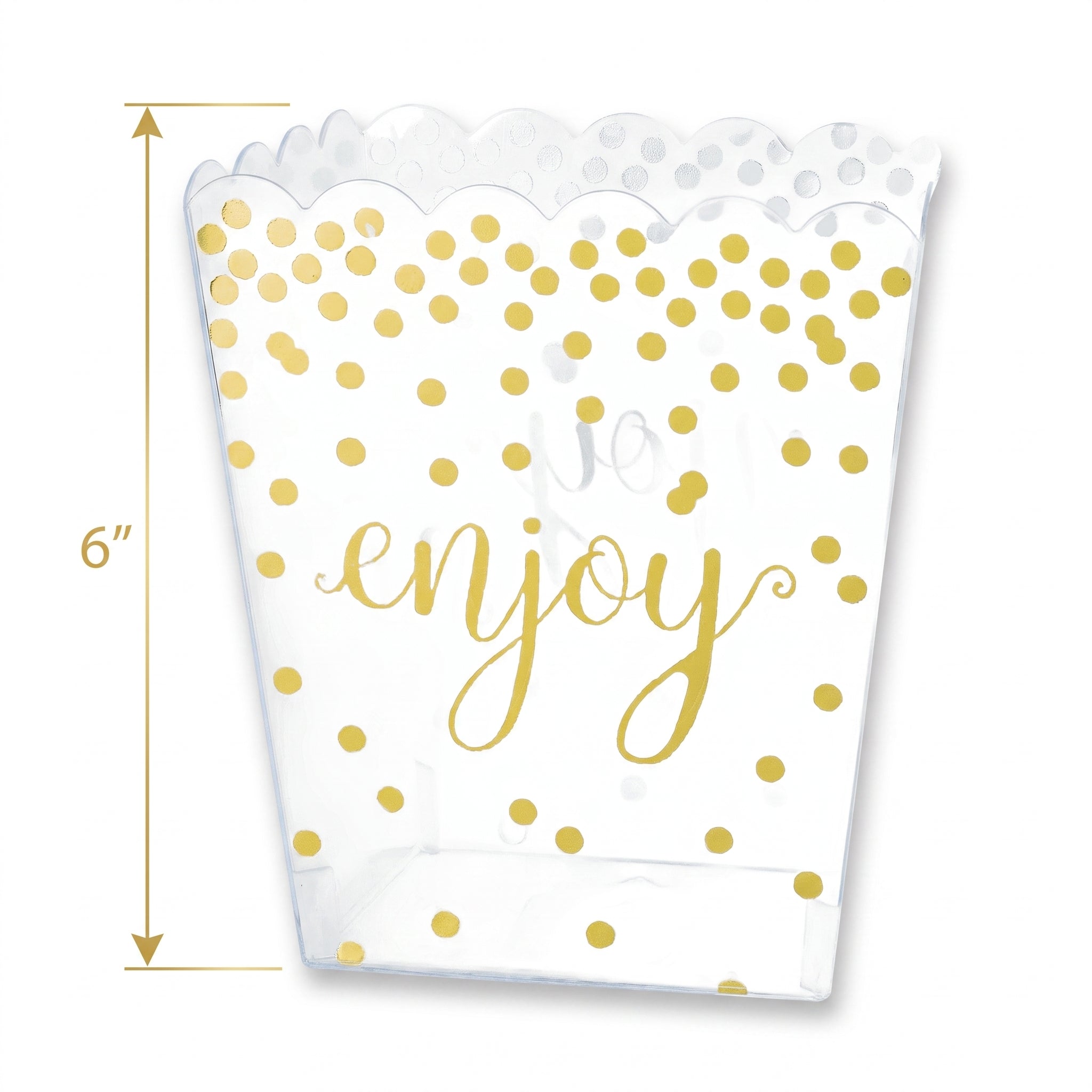 Clear Scalloped Edge Plastic Container with Gold Polka Dots - 55 Oz.