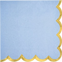Scalloped Edge Beverage Napkins - Ice Blue with Gold Foil Border, Decorative Cocktail Napkins for Baby Shower, Birthday, Tea Party, Christening - 5 In. X 5 In.