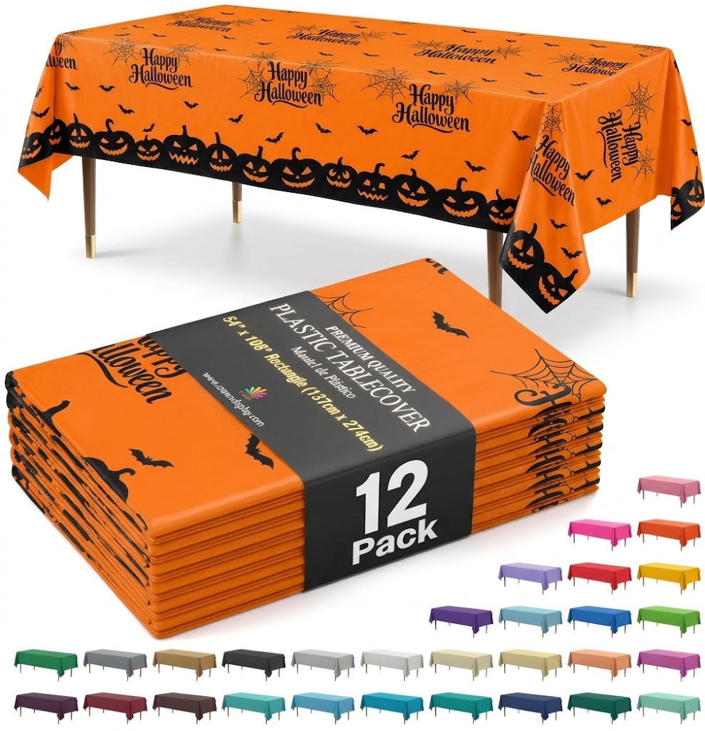 Happy Halloween Orange Plastic Table Cover | 54 in. x 108 in. | 12 Pack