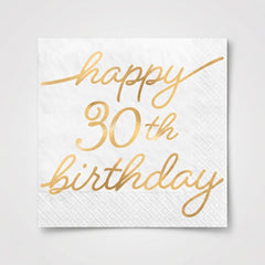 Golden Age "Happy 30th Birthday" Beverage Napkins, Gold/White, 16-Pack - 5 In. X 5 In.