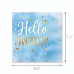 "Hello World" Blue and Gold Lunch Napkins - 6.5 In. x 6.5 In., 16-Pack