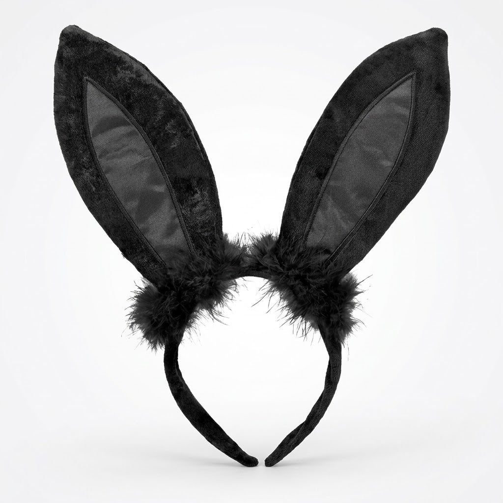 Black Marabou Bunny Ears Headband - Elegant Halloween Costume Accessory