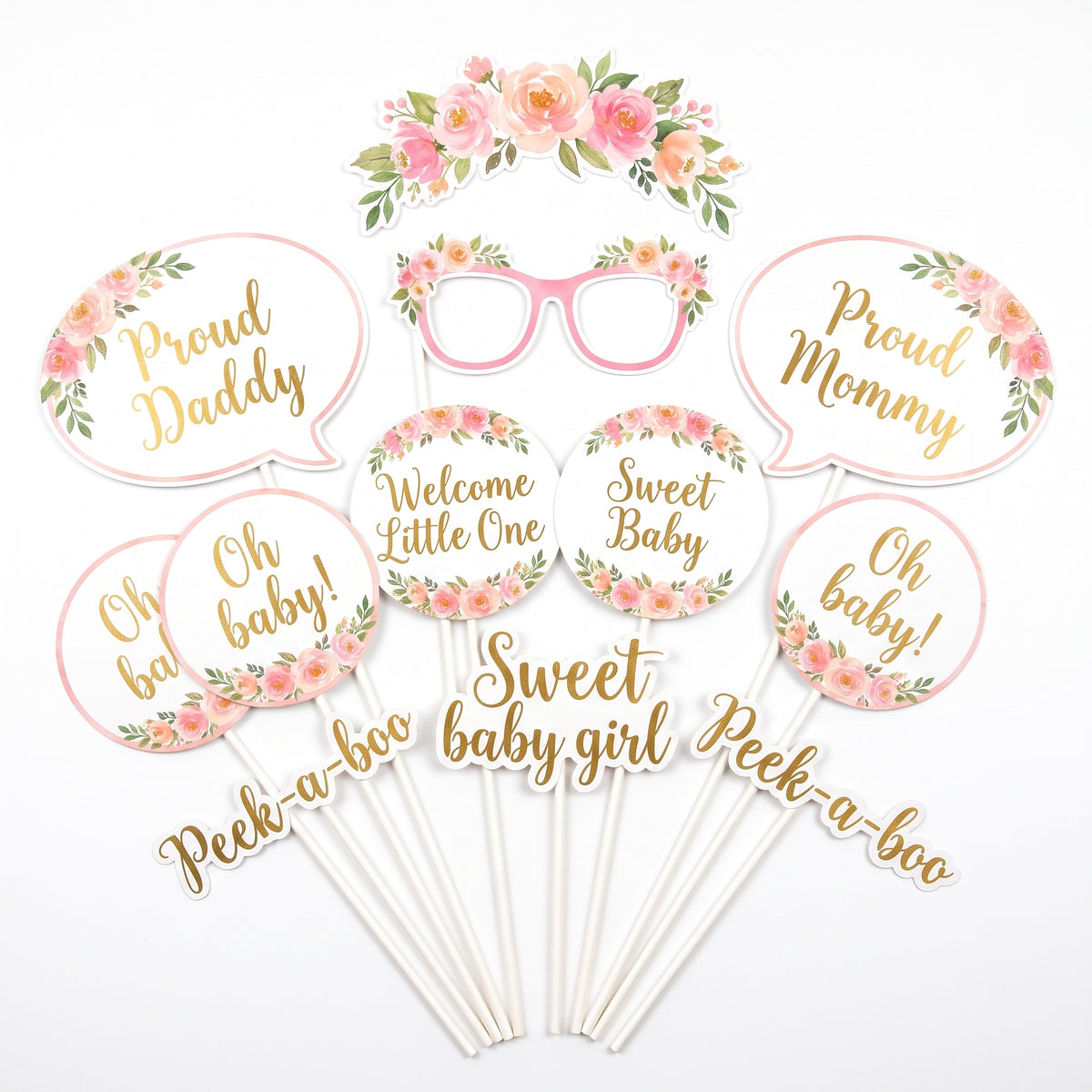 Floral Baby Shower Photo Booth Props - 13 Pack