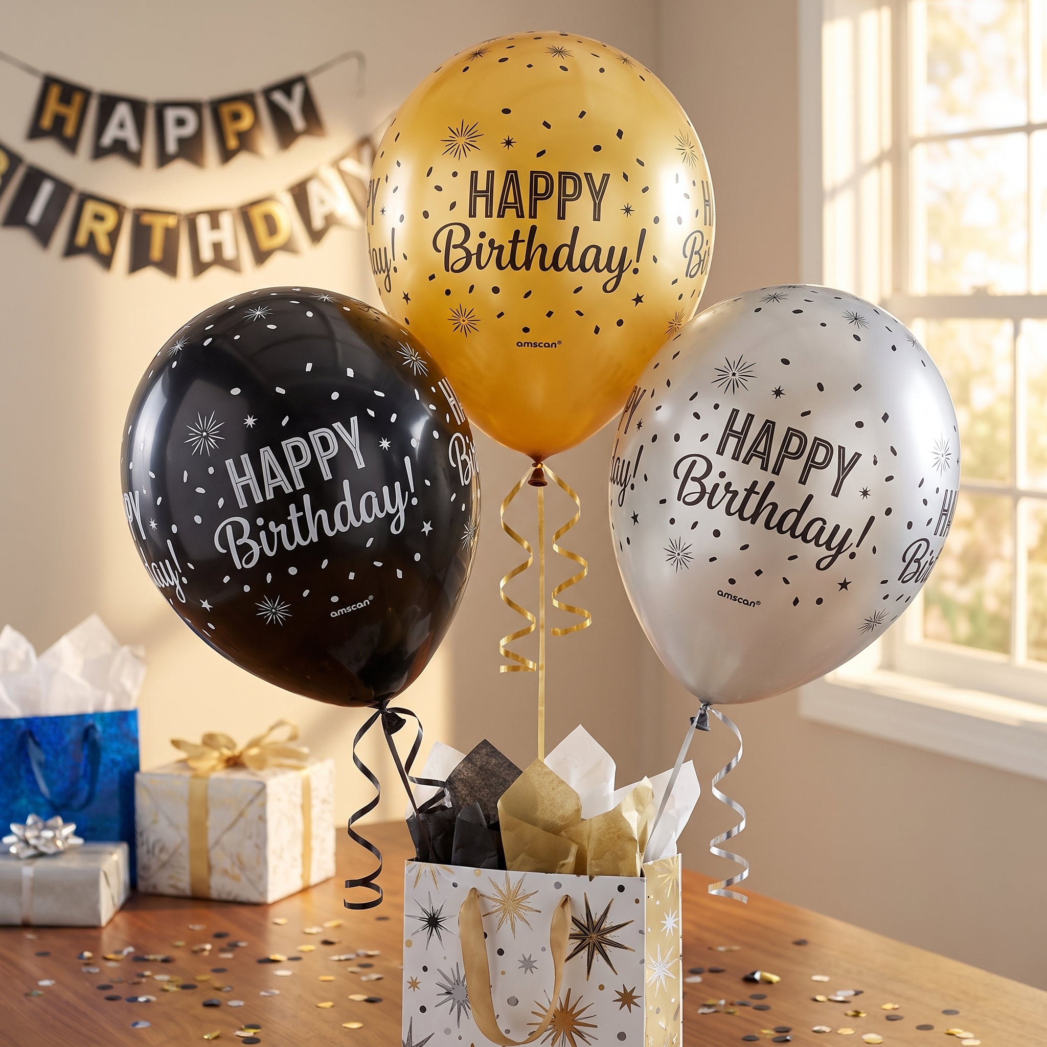 Confetti Birthday Latex Balloons - Black, Gold, Silver, 11-Inch, 15-Pack