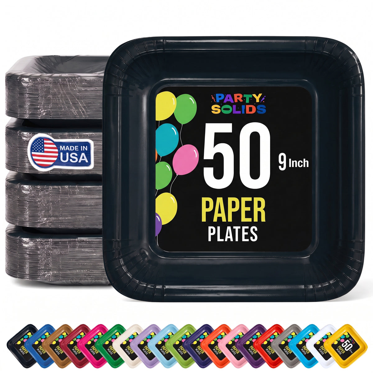 9 In. Black Square Paper Plates - 50 Ct.