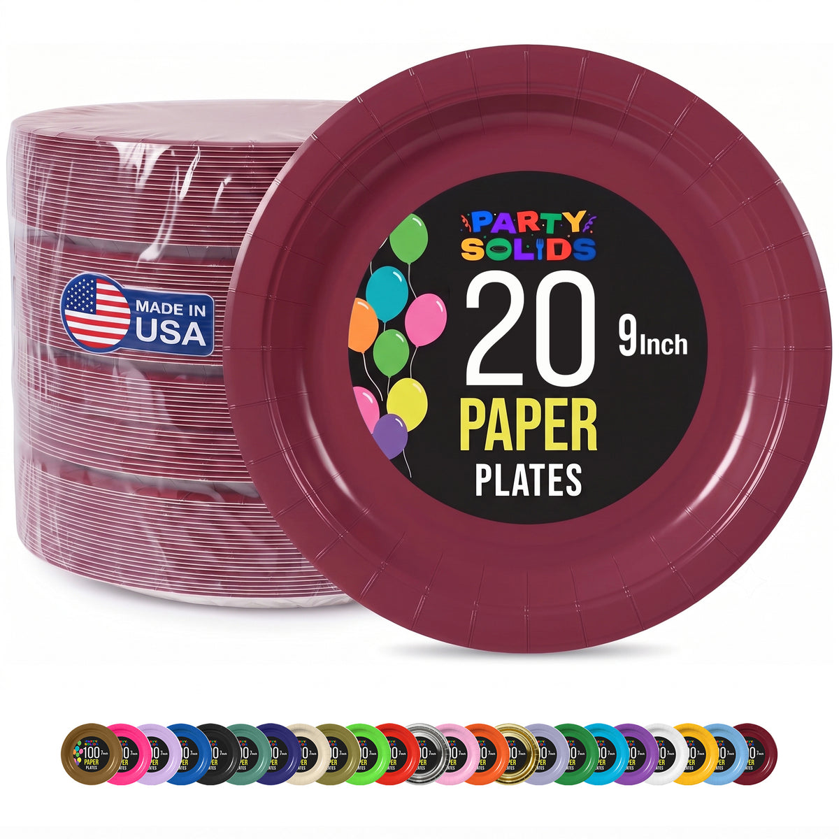 9 In. Burgundy Paper Plates - 20 Ct.