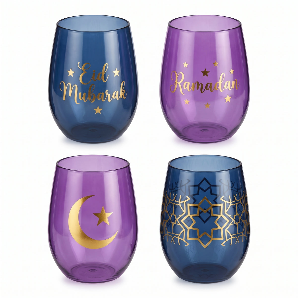 Eid Mubarak Stemless Plastic Wine Glasses - 4 Pack
