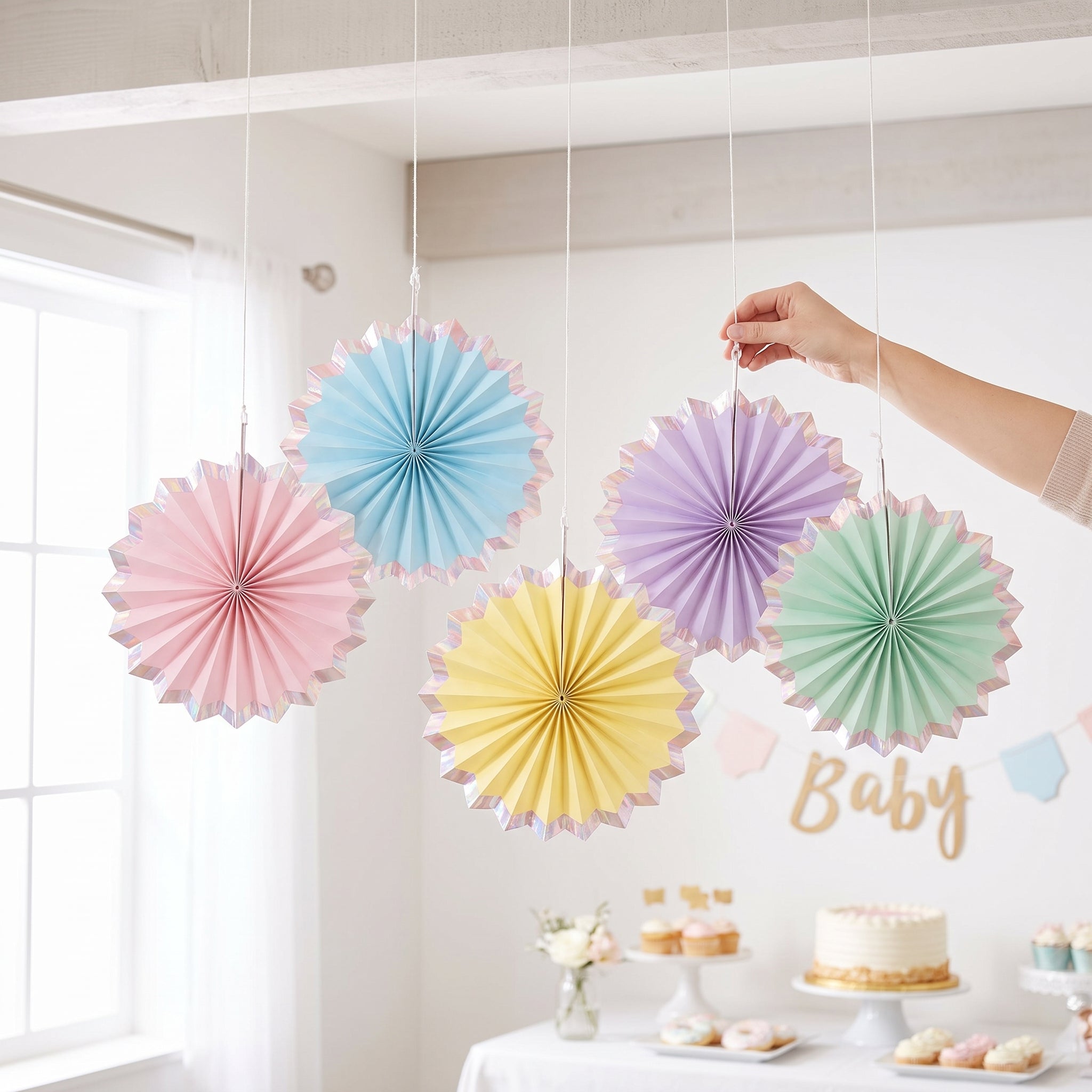 Pastel Parasol Fan Hanging Decorations, 7-in, 5-Pack