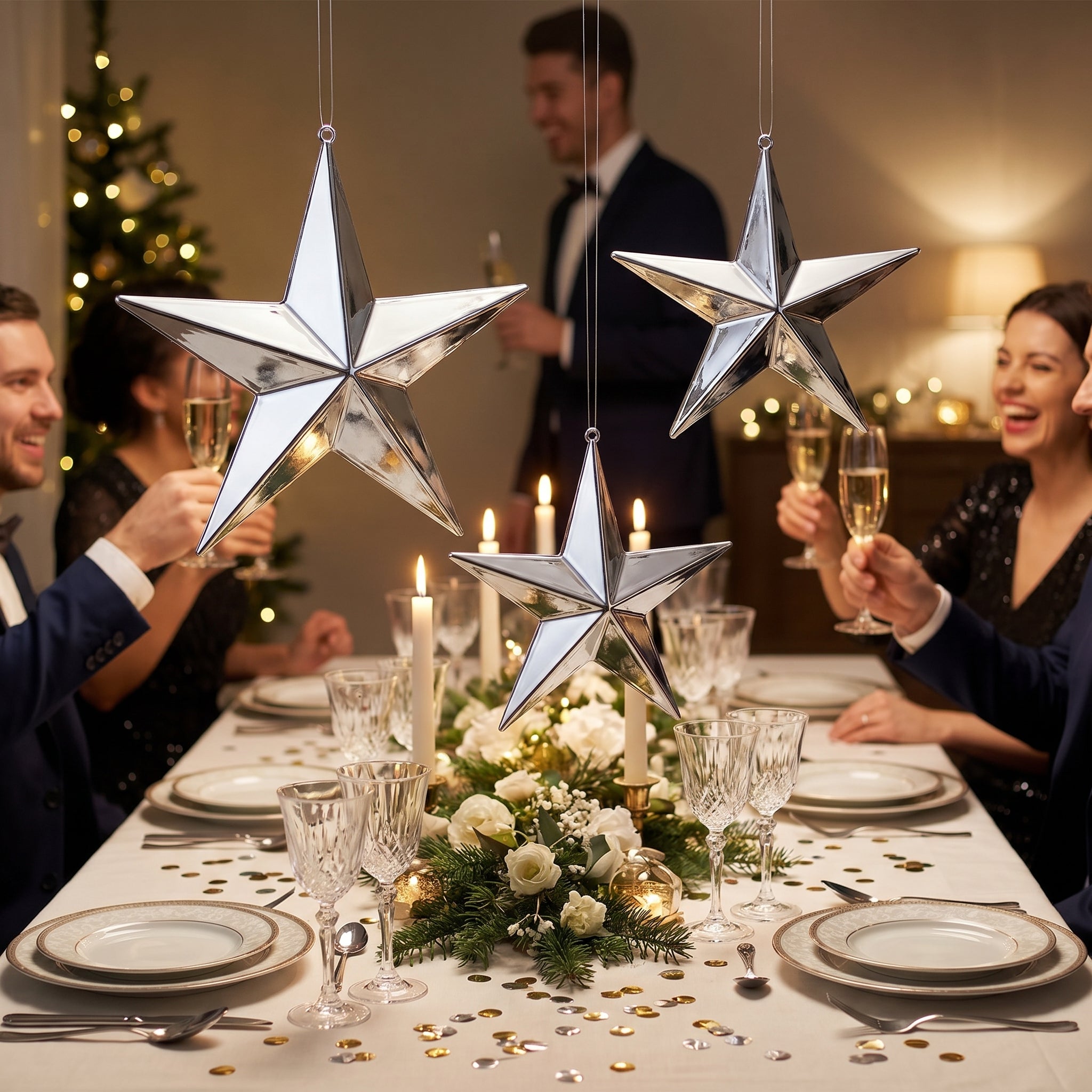 Silver 3D Hanging Star Decorations
