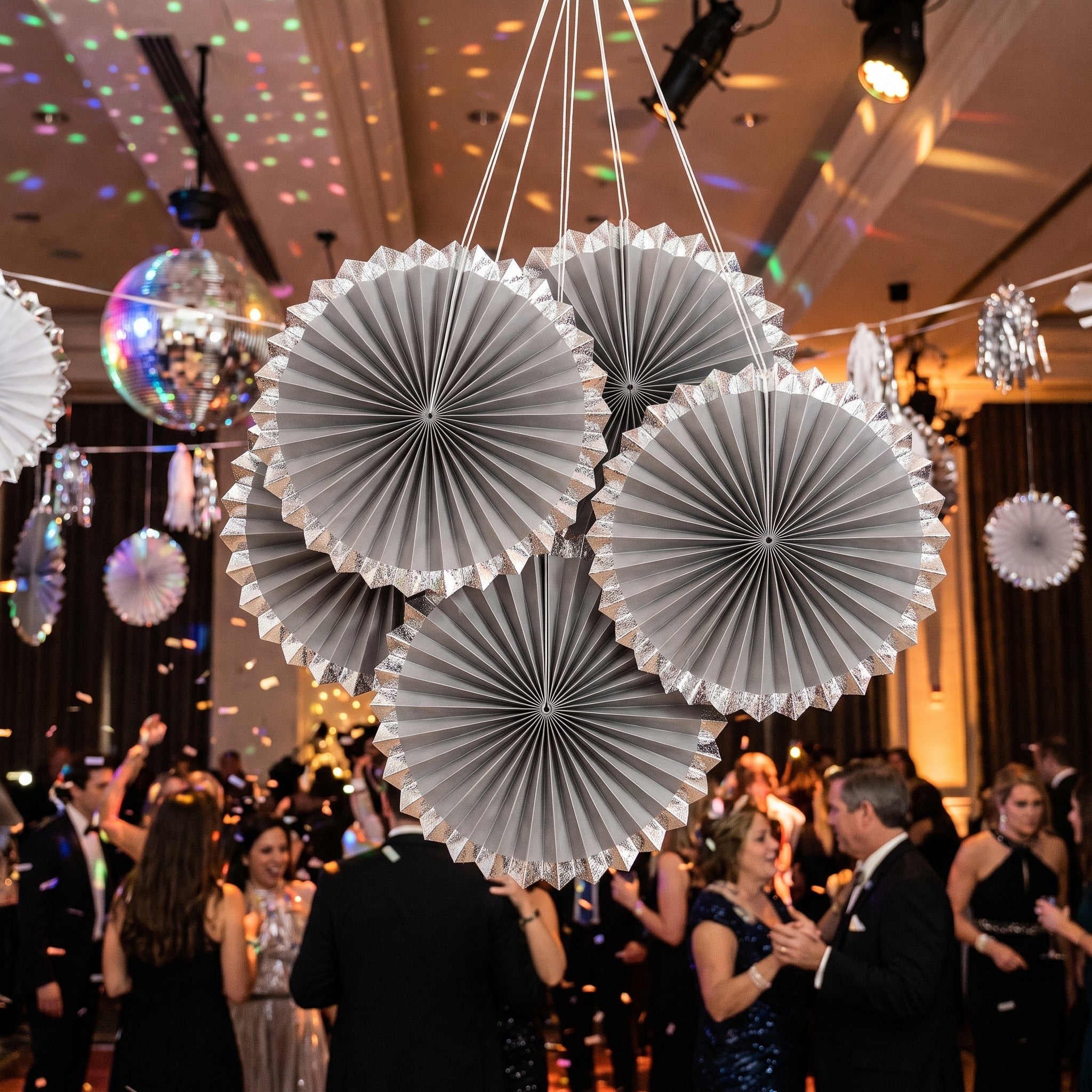Elegant Silver Paper Parasol Fan Decoration - 5 Pack