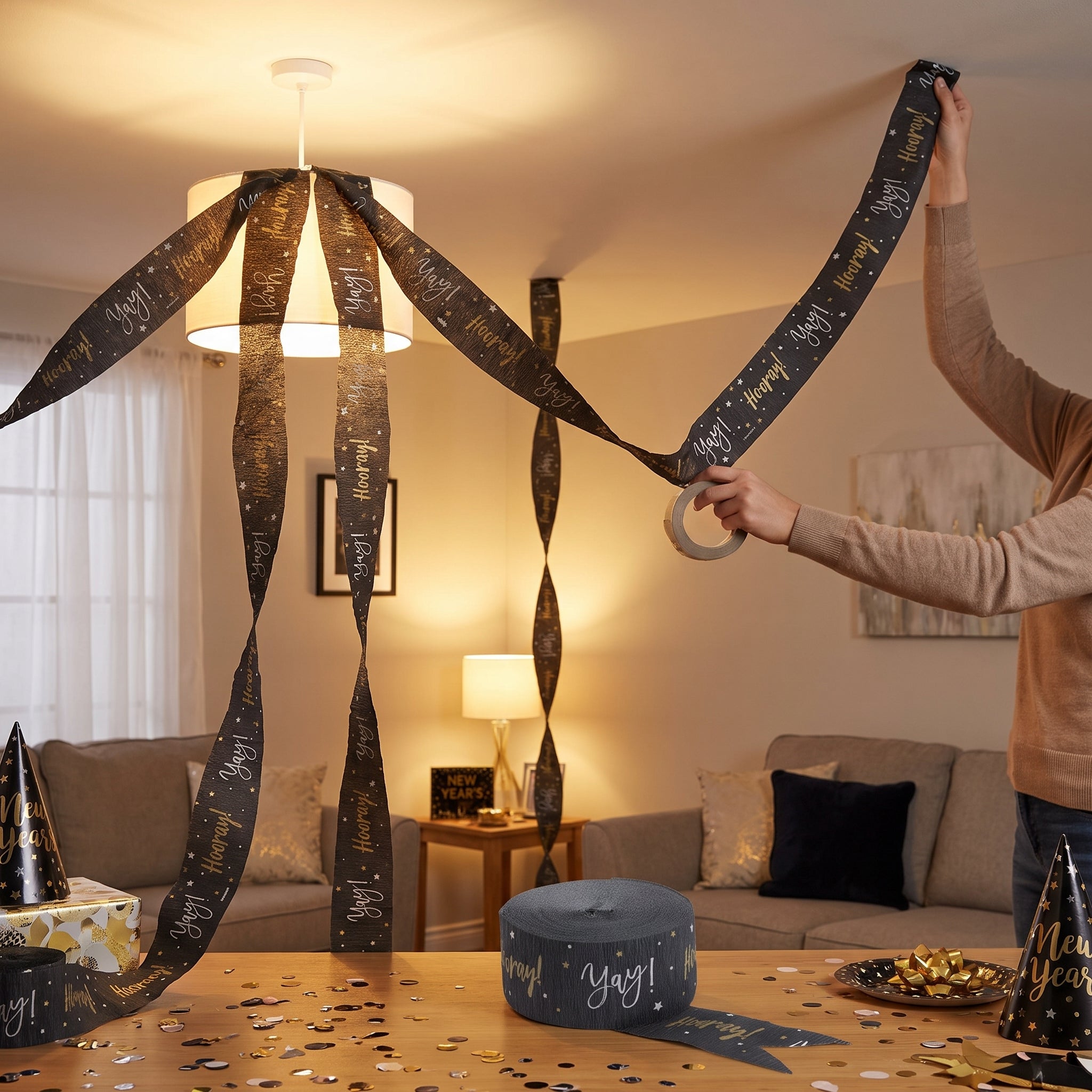 Black & Gold "Yay" Crepe Paper Streamer - 81 ft