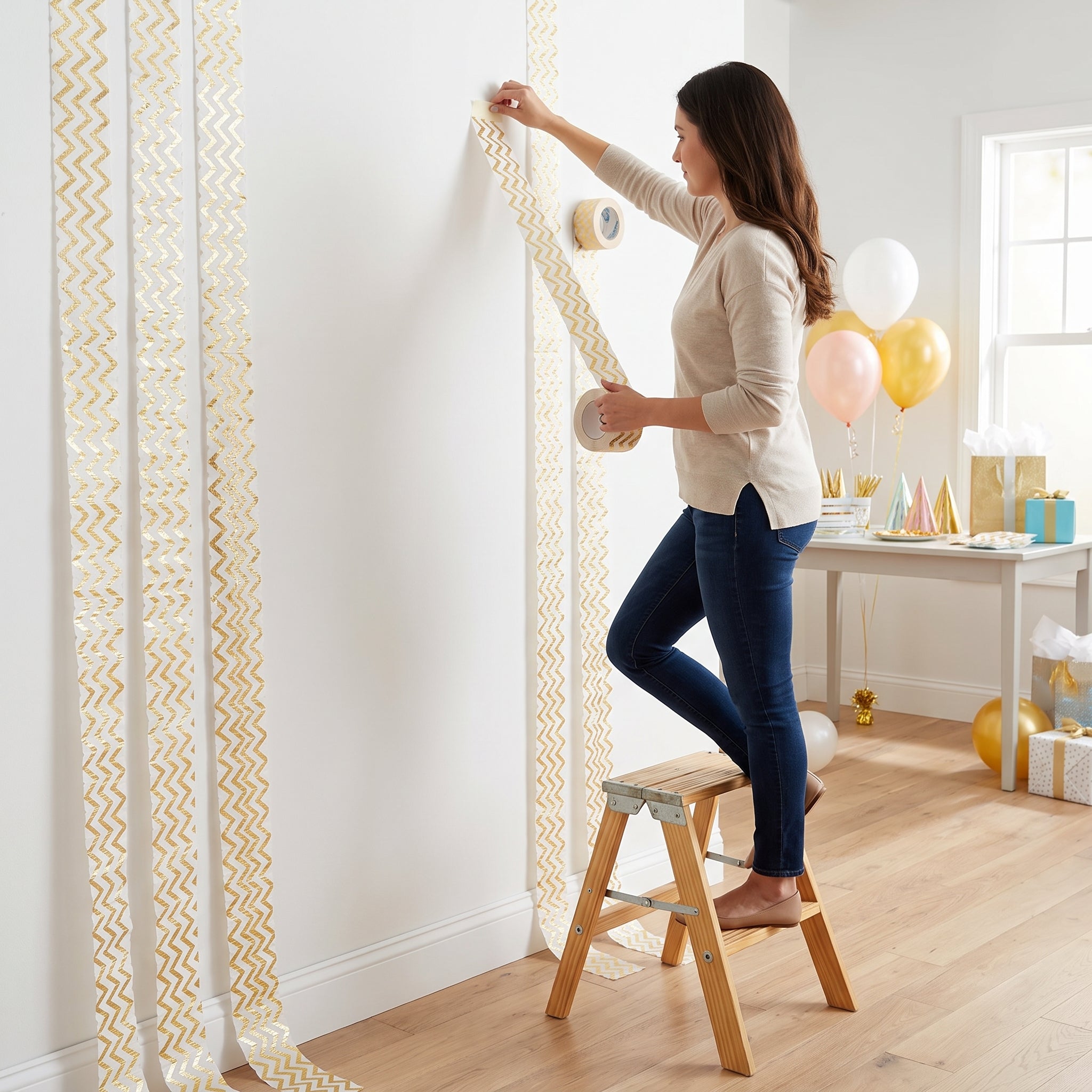 Gold Chevron Crepe Streamer - 81ft, Chic Party Decoration