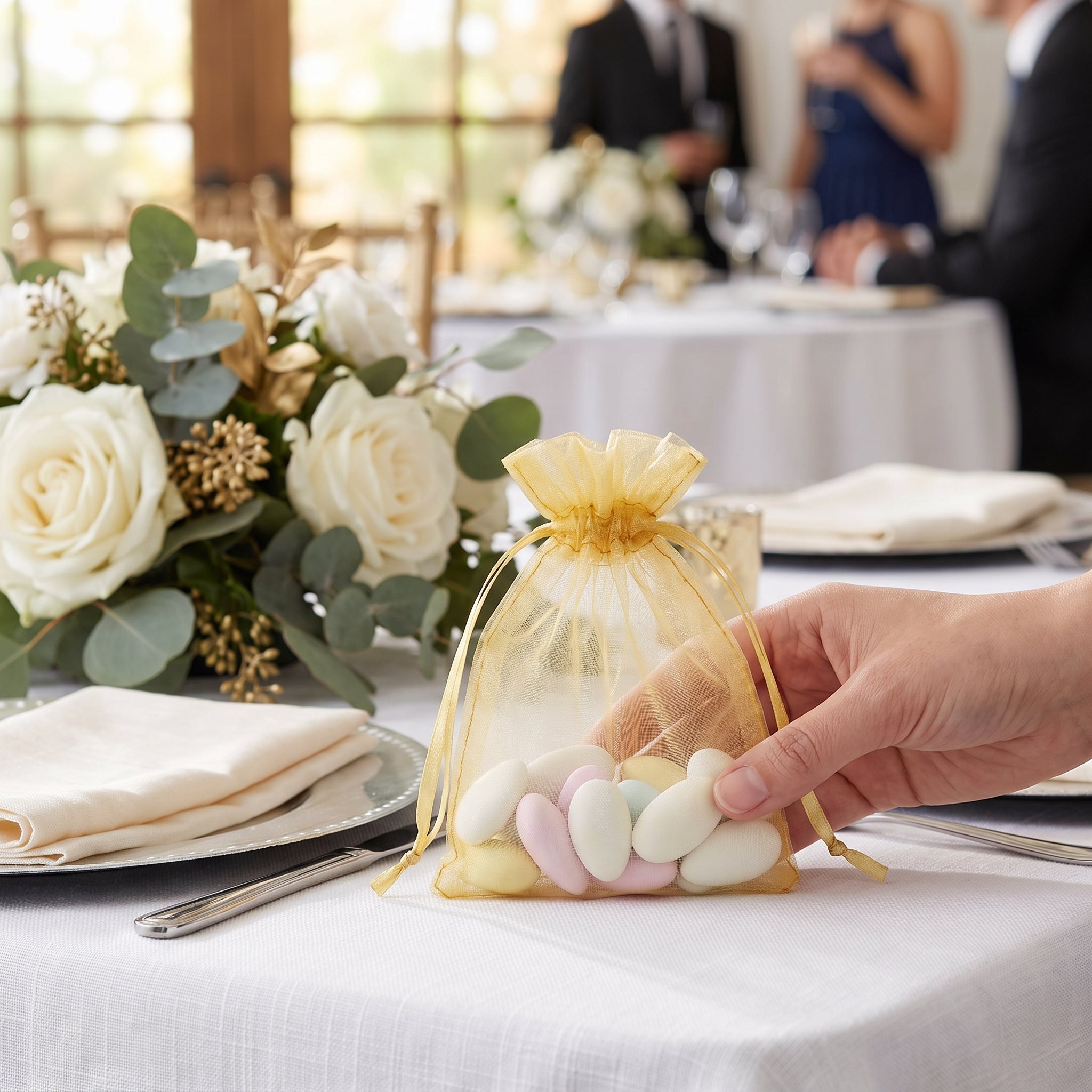 Elegant Gold Organza Wedding Favor Bags - 24 Pack