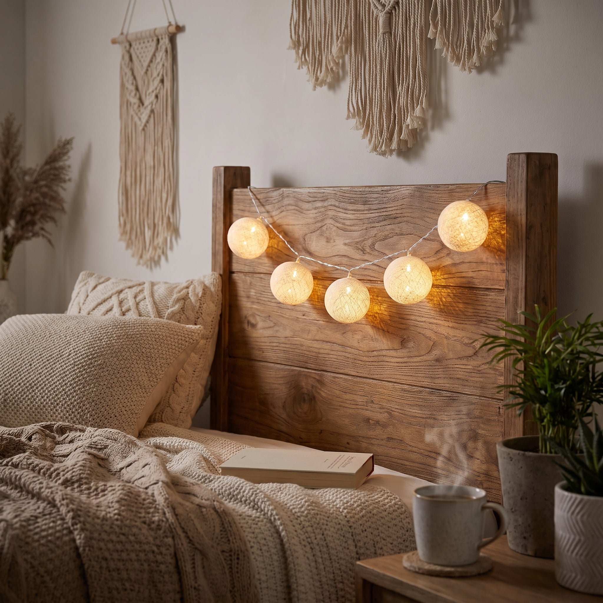 White Woven Ball LED String Lights - 10 Decorative Cotton Orbs, 5-ft, Battery Operated