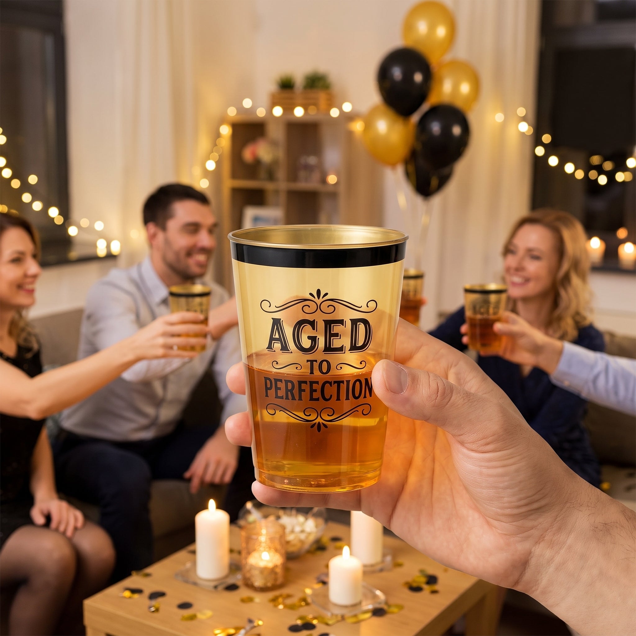 "Aged To Perfection" Gold Birthday Plastic Cups - 9 oz, 30 Pack