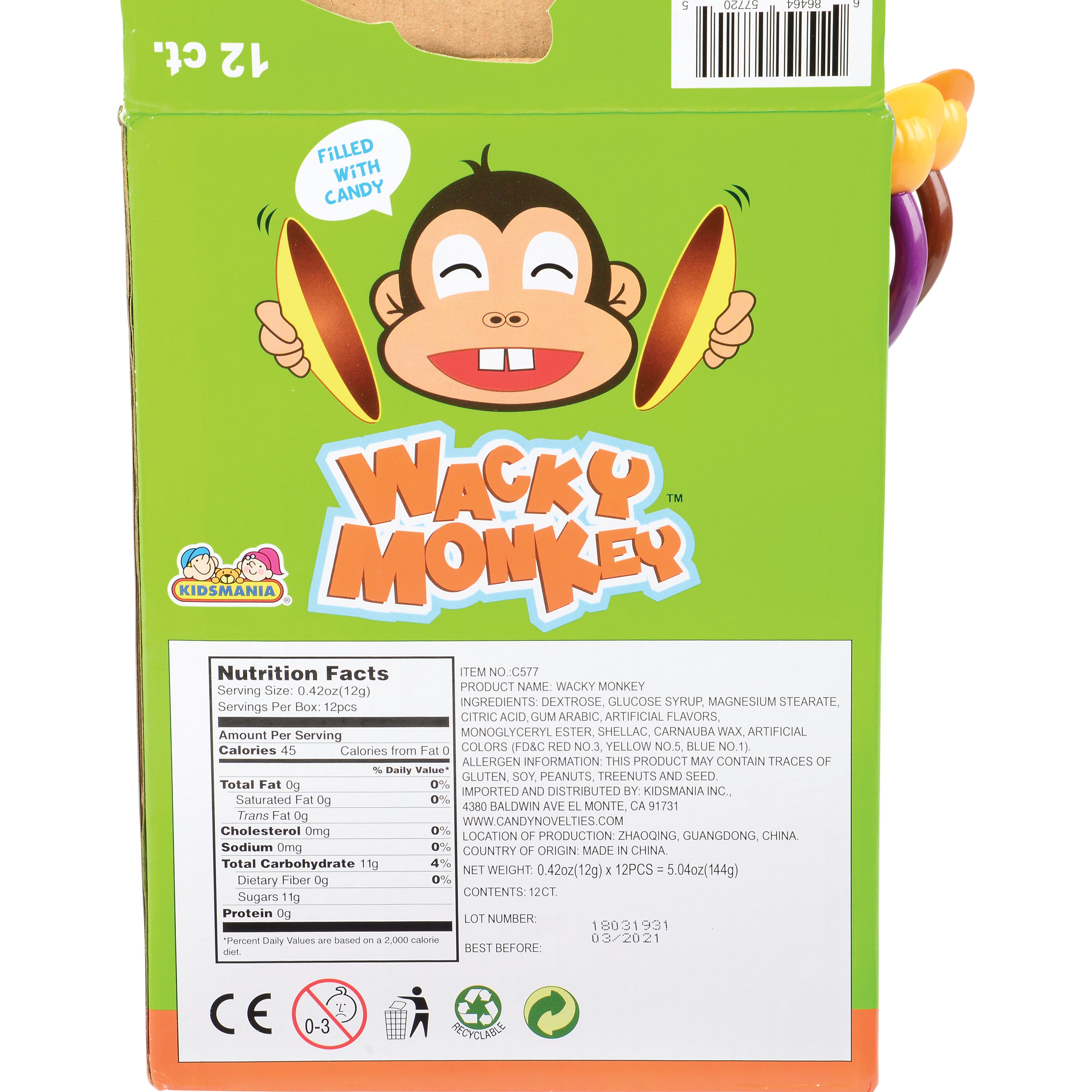 Wacky Monkey Candy Tube/12-Pc