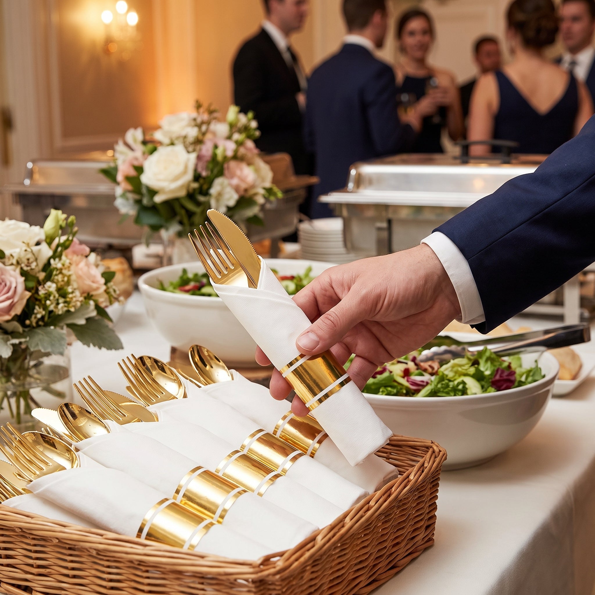 Elegant Gold Rolled Cutlery Set with Printed Guest Towel 10 pack