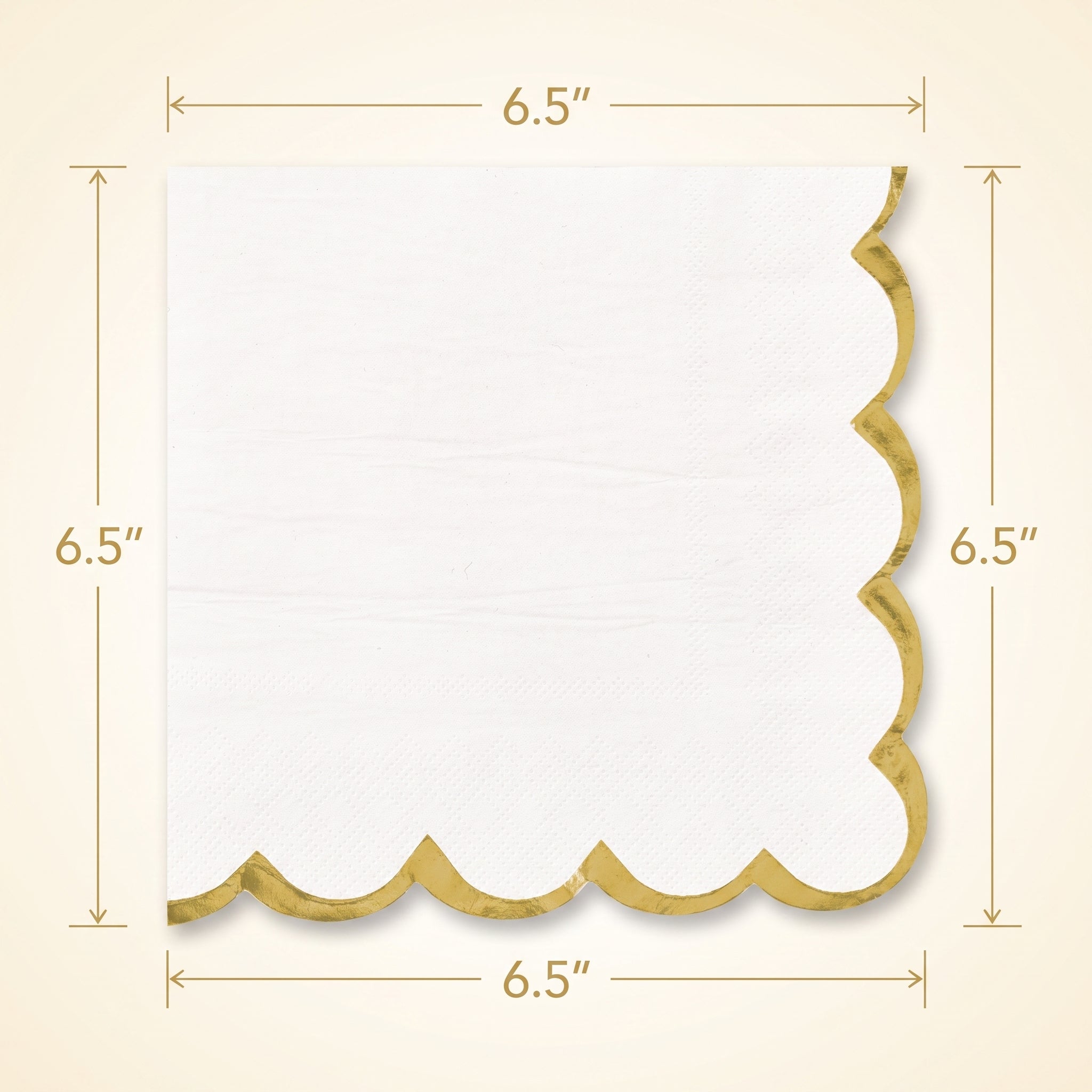 Elegant White Lunch Napkins - 6.5 In. x 6.5 In. with Gold Scalloped Edge